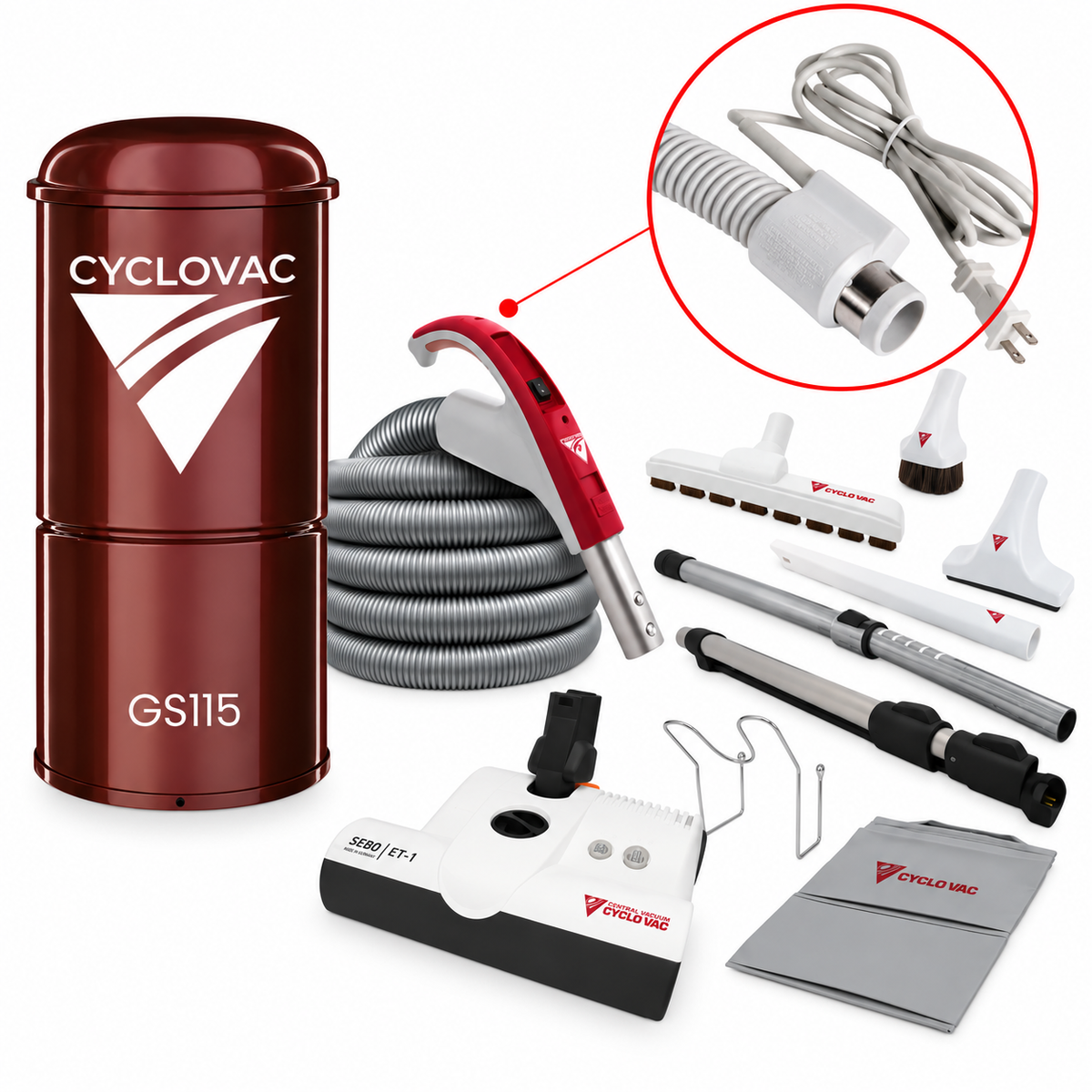 CycloVac GS115 Garage Vacuum Package | 35' Electric Hose, SEBO ET-1 Powerhead & FREE Bags