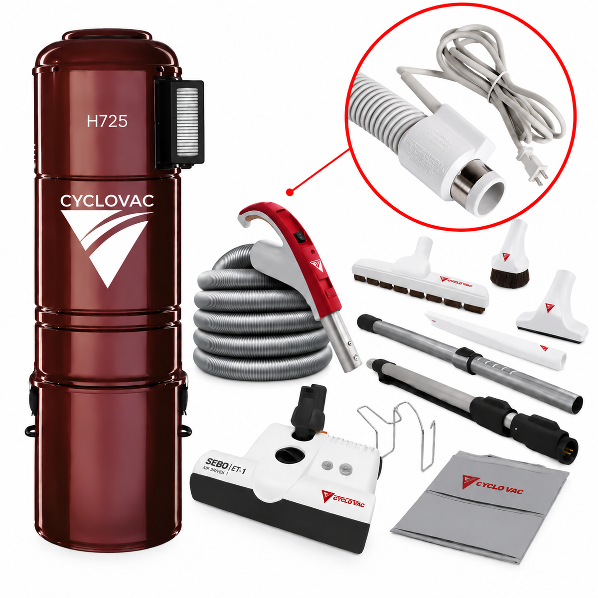 CycloVac H725 Premium Central Vacuum Package | SEBO ET-1 Powerhead, 35' Electric Hose & FREE Bags