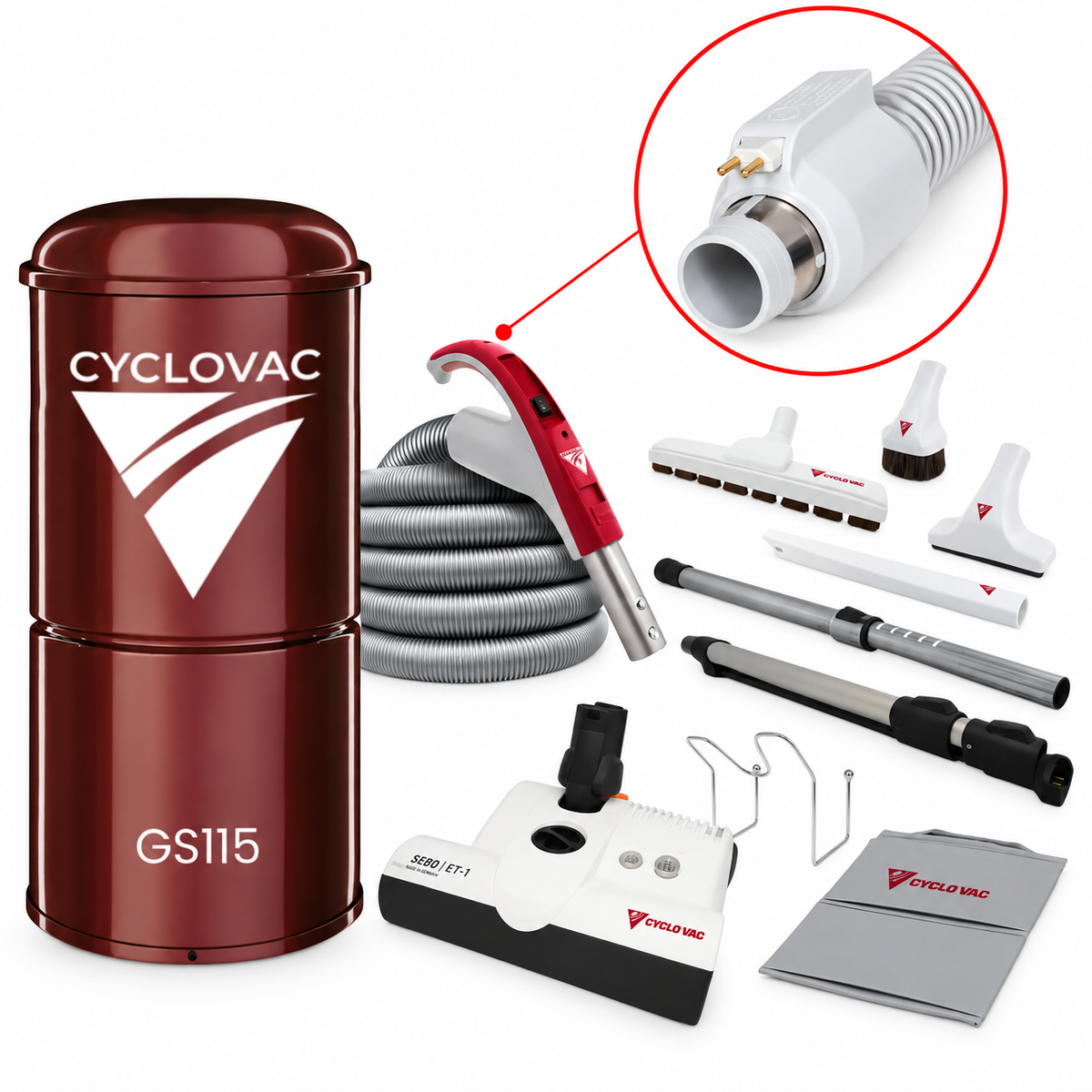 CycloVac GS115 Garage Vacuum Package | 35' Electric Hose, SEBO ET-1 Powerhead & FREE Bags