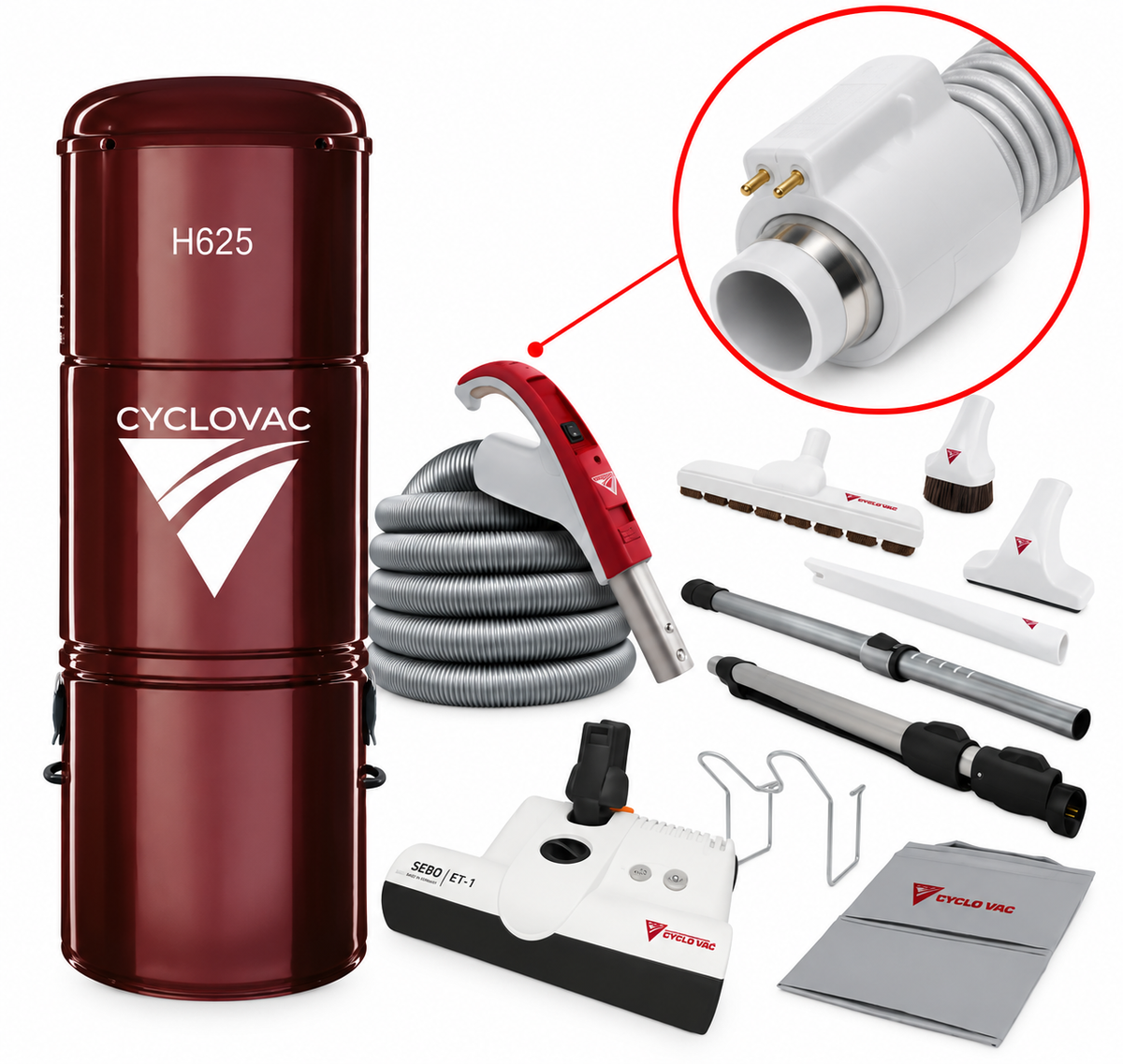 CycloVac H625 Premium Central Vacuum Package | SEBO ET-1 Powerhead, 35' Electric Hose & FREE Bags