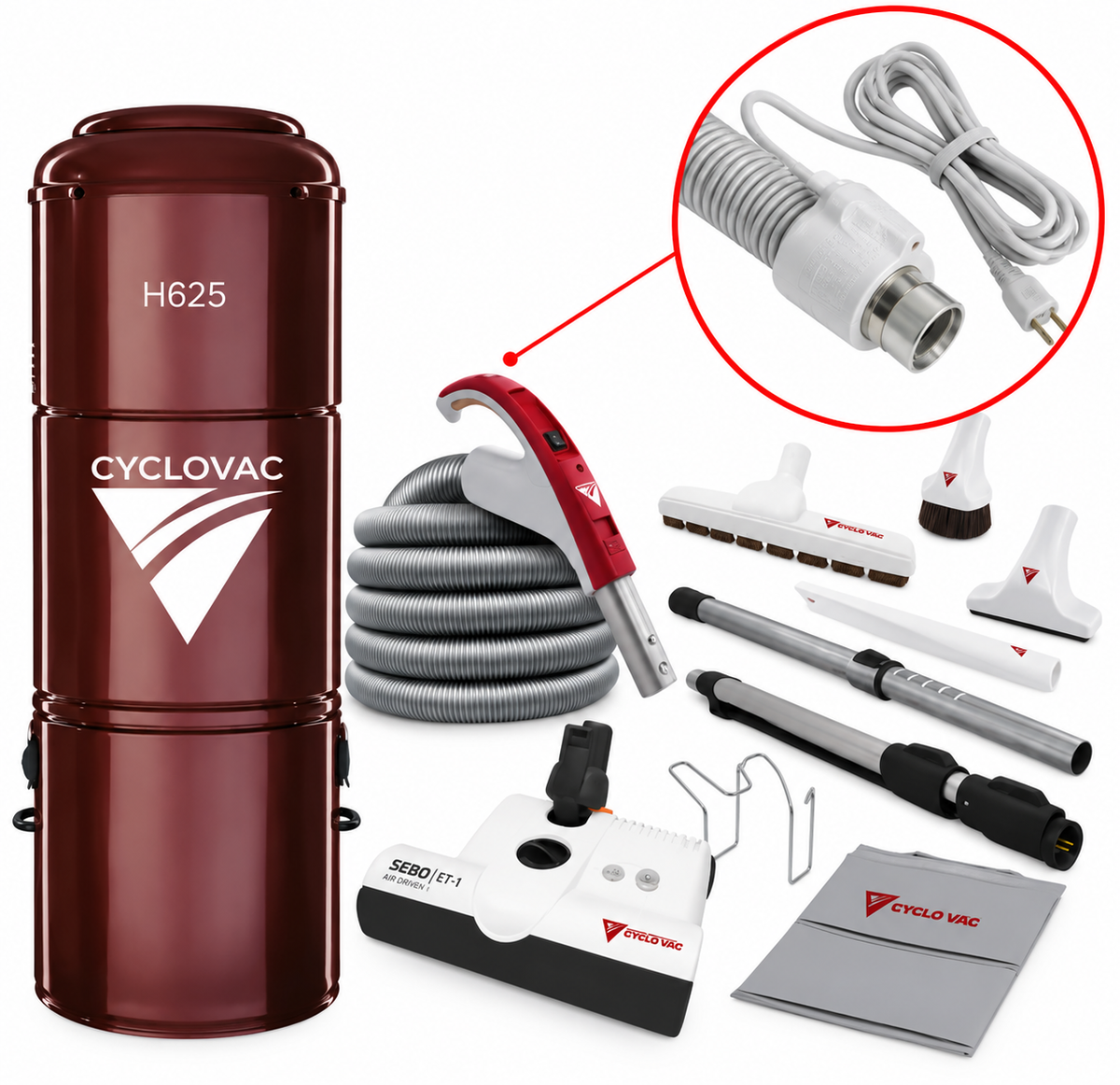 CycloVac H625 Premium Central Vacuum Package | SEBO ET-1 Powerhead, 35' Electric Hose & FREE Bags