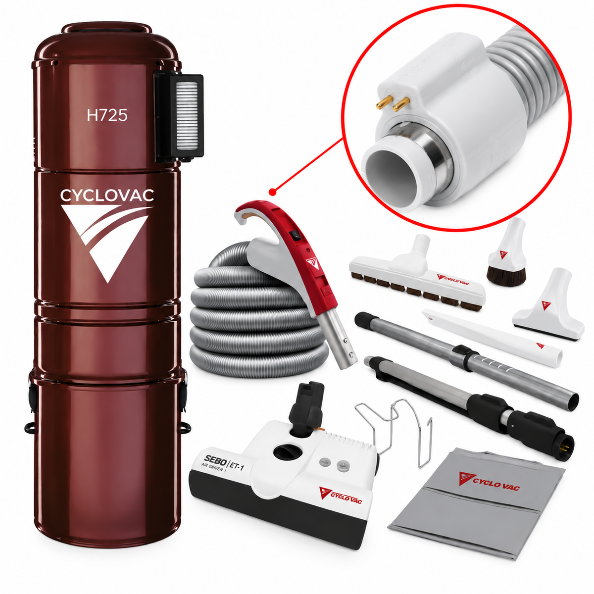 CycloVac H725 Premium Central Vacuum Package | SEBO ET-1 Powerhead, 35' Electric Hose & FREE Bags