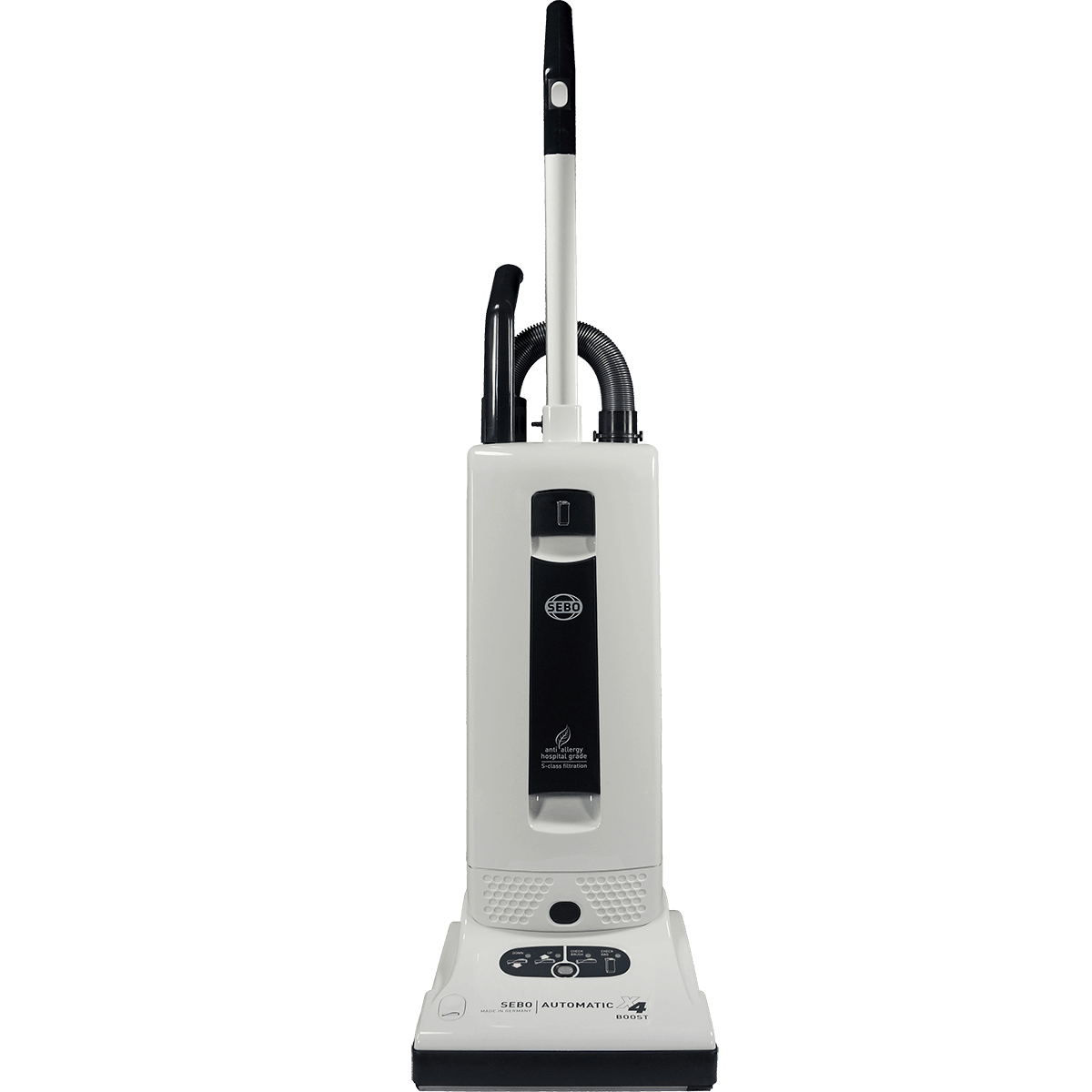 Open Box SEBO Automatic X4 Boost upright vacuum cleaner in white color with a power head and a cleaning wand attached.
