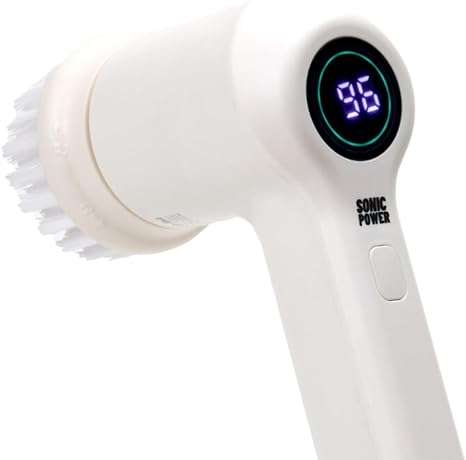 White sonic power electric scrubber with digital display on a white background