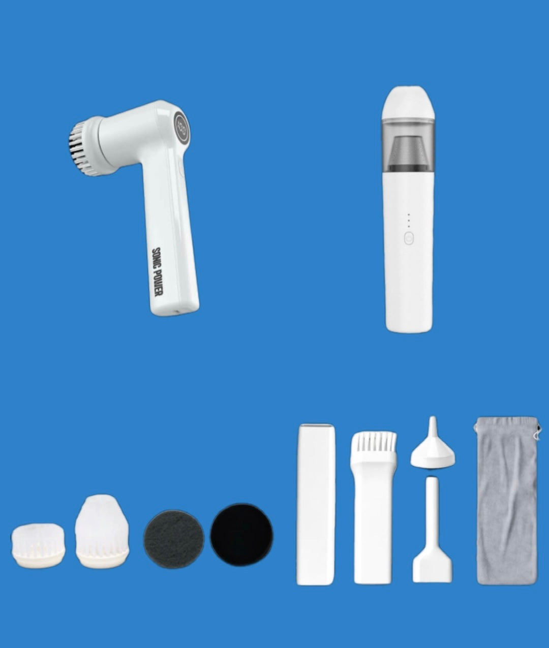 Sonic Power electric scrubber and it's attachments, and one Sonic Power minivac and it's attachments