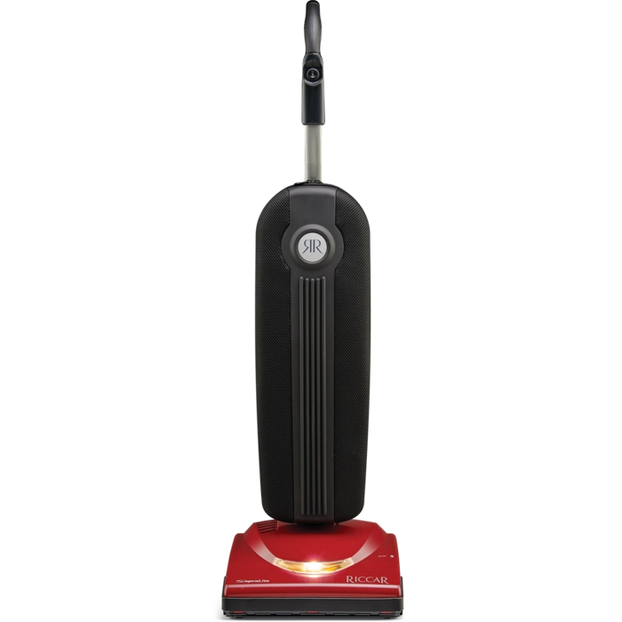 A Riccar R10P Supralite Premium lightweight vacuum cleaner in black color with a red base, featuring a headlight and ergonomic handle.