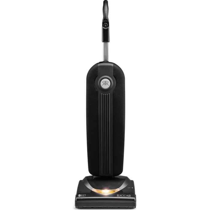 A black Riccar R17 Supralite Premium lightweight vacuum cleaner with a upright design.