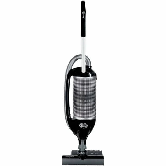 A SEBO Felix Premium upright vacuum cleaner in a sleek black color with a power head and cleaning hose attached.